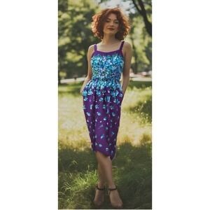 Lanz Originals Floral Midi Dress Sleeveless Pockets Cotton Purple Size X-Small